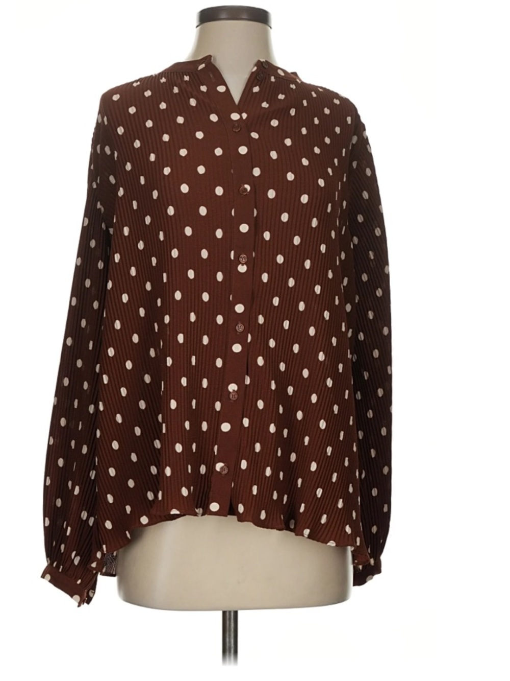 Sezane Nikki Pleated Shirt in Brown and Ecru Polka Dots Size 36 US 4 - Picture 2 of 11